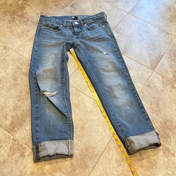 GAP Jeans Straight Crop Coupe 3/4 Cuffed Medium Wash Jeans Distressed Sz 0 blue - Picture 2 of 8